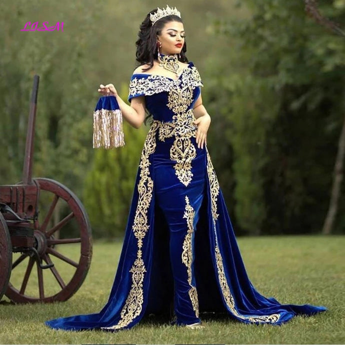LISM Moroccan Caftan Evening Dresses Gold Lace Appliques Cap Sleeve Royal Blue Mermaid Velvet Arabic Prom Gowns Long Party Dress