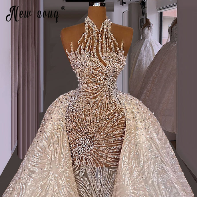 Romantic High Neck Wedding Dress 2021 Luxury Appliques Detachable Train Princess Bride Gown Dubai